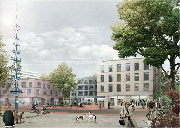 Grafik des zukünftigen Zentrums an der Wiesentfelser Straße mit drei Gebäuden, in der Mitte ein begrünter Vorplatz, der sich zur Straße öffnet.